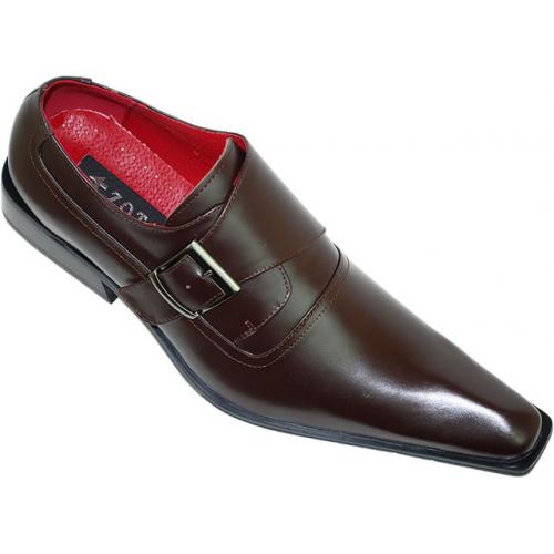 Zota Brown Pointed Toe Leather Shoes With Monk Strap And Buckle 7073